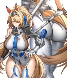 1girl absurdres animal_ears ass big_ass big_butt blonde_hair blue_eyes breasts commentary_request fingerless_gloves gloves hairband highres horse_ears horse_girl horse_tail large_breasts long_hair long_nails mechanical_gloves metal_hairband multiple_views pants shirt sigrid_(zenless_zone_zero) simple_background tail thick_thighs thighs very_long_hair white_background white_pants white_shirt wide_hips yijie_xianyu zenless_zone_zero