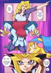 afrobull big_breasts blonde_hair blue_skin breasts cleavage comic dark_magician_girl dialogue female green_eyes harpie_lady human mai_valentine parody parody_porn pointy_ears purple_eyes red_hair speech_bubble yami_yugi yu-gi-oh! yugi_muto