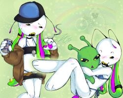 alcohol alcoholic_drink alien_girl antennae beer_can blue_bikini bunny_ears cigarette cigarette_in_hand crop_top doodle fur_jacket green_background holding_plushie miniskirt original_art original_artwork original_character paws petite_body petite_female sharp_teeth skimpy_bikini skimpy_clothes skimpy_outfit snapback_hat solo solo_female tail young_adult zcene_gutz
