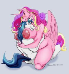 2020 alicorn anthro anthrofied areola ass big_areola big_areolas big_breasts blush breasts duo edit equid female friendship_is_magic furry hi_res horn hug huge_aerola kneeling male mammal married_couple my_little_pony nipples nude phathusa princess_cadance_(mlp) restricted_palette romantic_ambiance romantic_couple shining_armor_(mlp) sitting size_difference smothering straight thick_thighs unicorn wings