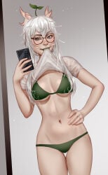 1girls after_shower bikini bikini_bottom bikini_top biting_shirt black_eyebrows black_eyeliner blush blush_lines blushing bnvt bruneian bruneian_vtuber eyelashes female female_only glasses green_bikini green_eyes green_lipstick hand_on_hip holding_phone horns indie_virtual_youtuber indie_vtuber jakkel_draws leaf_on_head light-skinned_female light_skin long_hair medium_breasts mirror mirror_selfie panties see-through see-through_clothing selfie selfie_pose shirt_lift sprout teeth teeth_showing thighs underboob underwear virtual_youtuber vtuber wet_hair wet_shirt white_hair white_shirt