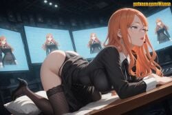 1girl ai_generated all_fours ass black_dress black_footwear black_panties black_thighhighs blue_eyes breasts closed_mouth clothes_lift collared_dress dress dress_lift dutch_angle earrings fishnet_thighhighs fishnets glasses headset high_heels indoors jewelry keyboard_(computer) kneeling lace-trimmed_thighhighs large_breasts lipstick long_hair long_sleeves looking_at_viewer makeup microphone monitor nivora orange_hair panties parted_lips pillow round_eyewear screen skirt solo spy_x_family sylvia_sherwood table thighhighs thighs thong underwear