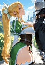 1boy 1girl ai_assisted ai_generated ass black_gloves blonde_hair boots braid breasts cleavage covered_nipples curvaceous curvy curvy_female curvy_figure female gloves green_eyes hetero huge_breasts large_breasts leafa leafa_(sao) long_hair miyuai ponytail profile puffy_sleeves smile solo_focus sword_art_online thick thick_ass thick_butt thick_hips thick_legs thick_thighs thighhighs thighs voluptuous voluptuous_female wide_hips wide_thighs