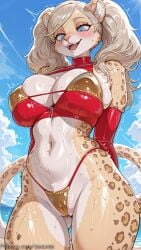1girl ai_generated animal_ears ann_takamaki beach bikini blue_eyes blue_sky blush breasts day decurse furry furry_female gloves large_breasts leopard_ears leopard_tail navel open_mouth outdoors sky smile solo swimsuit tail twintails zipper