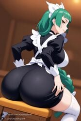 1female 1girl 1girls 2026 ai_generated apron artist_name ass bangs big_ass big_breasts black_dress blunt_bangs blurry_background braid braided_ponytail breasts brown_eyes closed_mouth curvy dress earrings from_behind green_hair hi_res high_quality high_resolution highres huge_ass huge_breasts indoors jewelry juliet_sleeves large_breasts lebanne_(pokemon) long_hair long_sleeves looking_at_viewer looking_back maid maid_apron maid_headdress pantylines patreon patreon_logo patreon_username pokemon puffy_sleeves sitting smile solo stool thighhighs unjobdespiert very_long_hair watermark web_address white_thighhighs