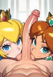 1boy 2girls ai_generated collaborative_fellatio fellatio male_pov mario_(series) nintendo pov princess_daisy princess_peach royalty tagme