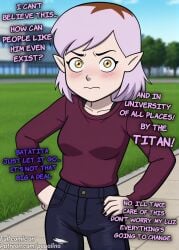 ai_generated amity_blight cheating cuckold cuckquean lesbian_with_male luz_noceda meidum_breasts netorare ntr orientation_play pink_hair popalina solo text the_owl_house yellow_eyes