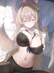 1girl angel_wings bed black_bra black_pantyhose blonde_hair blue_archive blush bra breasts brown_hair cleavage closed_eyes clothes_lift commentary_request dress dress_lift feathered_wings flower hair_flower hair_ornament halo highres i_ruru implied_sex lace lace_bra large_breasts long_hair low_wings lying nagisa_(blue_archive) navel on_back pantyhose pillow pink_halo solo stomach sweat thighband_pantyhose torn_clothes torn_pantyhose underwear white_wings wings yellow_halo