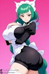 1female 1girl 1girls 2026 ai_generated apron artist_name ass bangs big_ass big_breasts blunt_bangs braid breasts brown_eyes closed_mouth curvy green_hair hi_res high_quality high_resolution highres huge_ass huge_breasts juliet_sleeves large_breasts lebanne_(pokemon) long_hair long_sleeves looking_at_viewer maid maid_headdress patreon patreon_username pink_background pokemon puffy_sleeves simple_background smile solo thighhighs unjobdespiert watermark white_bow white_thighhighs