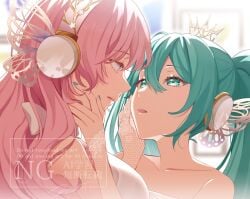 2girls aqua_hair aqua_nails bare_shoulders blue_eyes collarbone commentary crown dress eye_contact female female_only fishnet_gloves fishnets gloves hand_on_another's_face hatsune_miku headphones headset highres honeycomb_(pattern) long_hair looking_at_another megurine_luka multiple_females multiple_girls parted_lips pink_hair twintails vocaloid white_dress white_gloves yuri