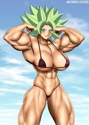 1girls abs breasts cleavage dragon_ball dragon_ball_super elee0228 extreme_muscles female female_only flexing green_hair hoosu huge_breasts kefla large_breasts legendary_super_saiyan light-skinned_female muscles muscular muscular_female saiyan short_hair solo spiky_hair super_saiyan super_saiyan_2 thick_thighs