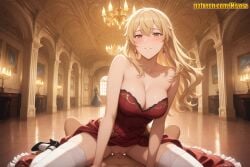 1boy 1girl 2girls ai_generated bare_shoulders black_footwear blonde_hair blush breasts censored chandelier church cleavage clothed_female_nude_male clothed_sex collarbone cowgirl_position dress drop_earrings earrings gina_(solo_leveling) girl_on_top grin hetero high_heels indoors jewelry large_breasts long_hair looking_at_viewer mosaic_censoring multiple_girls nivora nude parted_lips penis pov pussy red_dress sex smile solo_focus solo_leveling straddling strapless thighhighs thighs vaginal white_thighhighs