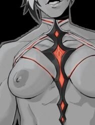 areolae arlecchino_(genshin_impact) big_areola black_and_white_hair breasts breasts_out close-up genshin_impact juicy_lips medium_breasts nipples short_hair slurpie smirk