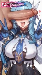 1boy 1girl 2026 ai_generated artist_name boobs breasts bust chest clothed_female_nude_male cock dick double_v eula_(genshin_impact) genshin_impact gloves heart hetero hi_res high_quality highres long_hair long_sleeves open_mouth patreon patreon_username penis penis_on_face pinkname simple_background tits tongue tongue_out trembling v watermark
