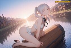 1girl ai_generated all_fours ass backlighting bare_arms bare_legs bare_shoulders bikini bikini_skirt black_bow black_bowtie blue_eyes bow bowtie breasts building choker closed_mouth drop_earrings earrings elf feet frieren frieren_beyond_journey's_end frilled_bikini frills from_side full_body green_eyes high_heels jewelry lake legs long_hair looking_at_viewer mountain mountainous_horizon nivora outdoors parted_bangs pointy_ears reflection reflective_water sandals sidelocks skirt sky small_breasts smile solo strappy_heels suitcase sunset swimsuit thighs toenails toes twintails water white_bikini white_hair white_skirt