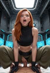 1boy 1girl ai_generated bare_shoulders belt black_gloves black_panties breasts clothed_female_nude_male clothed_sex clothing_aside cowgirl_position crop_top eugenericai girl_on_top gloves green_eyes hetero indoors kim_possible kimberly_ann_possible long_hair looking_at_viewer midriff navel nude open_mouth orange_hair panties panties_aside pants penis pov pussy saliva sex shirt sleeveless solo_focus squatting_cowgirl_position straddling tongue uncensored underwear vaginal