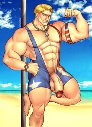 1boy beach captain_america captain_america_(marvel_rivals) captain_america_(series) dick_out_of_pants dick_out_of_underwear dracowel male_focus male_only muscular muscular_male one_piece_swimsuit penis penis_out_of_pants penis_out_of_underwear solo solo_focus solo_male steve_rogers summer swimsuit swimsuit_only swimwear swimwear_only