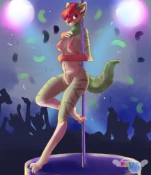 absurd_res angel_patoo anthro arm_tuft breasts cheek_tuft claws comic crowd dancing digital_media_(artwork) female fingerless_(marking) food gloves_(marking) group headshot hi_res hyaenid illustration mammal nipples paws pole pole_dancing solo solo_focus standing striptease tongue