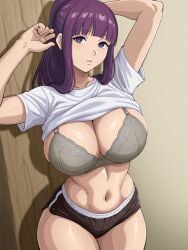 1girls ai_generated big_boobs big_breasts bra curvy curvy_body curvy_female curvy_figure fern_(sousou_no_frieren) gym gym_uniform huge_breasts kyoru189 large_breasts light-skinned_female light_skin looking_at_viewer mature_female ponytail purple_eyes purple_hair shiny shiny_skin solo solo_female sousou_no_frieren sports_shorts sports_uniform t-shirt
