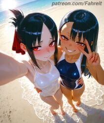 2girls 3: ai_generated alternate_costume arm_around_waist arm_up armpit_crease armpits asymmetrical_bangs asymmetrical_docking averting_eyes backlighting bad_perspective bare_arms bare_legs bare_shoulders barefoot beach black_hair blue_one-piece_swimsuit blue_sky blush breast_press breasts brown_eyes caustics cleavage clenched_teeth closed_mouth cloud collarbone comfyui competition_swimsuit covered_navel dark-skinned_female dark_skin day depth_of_field dutch_angle earclip embarrassed eyelashes fahreit feet fingernails fisheye folded_ponytail footprints forehead foreshortening from_above full_body furrowed_brow grin groin hair_between_eyes hair_ornament hair_ribbon hairclip half-closed_eyes hand_on_another's_hip hand_on_another's_waist hand_up hayase_nagatoro highleg highleg_swimsuit horizon hug kaguya-sama_wa_kokurasetai_~tensai-tachi_no_renai_zunousen~ knees_together_feet_apart large_breasts legs legs_together lens_flare lips long_fingernails long_hair looking_at_viewer makeup medium_breasts multiple_girls nail_polish navel nervous_smile nose_blush ocean one-piece_swimsuit one-piece_tan orange_eyes outdoors outstretched_arm parted_bangs parted_lips patreon patreon_username perspective pigeon-toed please_don't_bully_me,_nagatoro raised_eyebrows reaching reaching_towards_viewer red_eyes red_ribbon ribbon sand school_swimsuit selfie shadow shinomiya_kaguya shiny_clothes shiny_skin shore short_eyebrows short_hair shy side-by-side sidelocks signature single_sidelock skindentation sky small_breasts smile smug stable_diffusion standing standing_on_one_leg straight_hair sun sunlight swept_bangs swimsuit taking_picture tan tanlines teeth thigh_gap thighs tiptoes toenail_polish toenails toes two-tone_swimsuit upturned_eyes v v_over_eye water water_drop wavy_mouth wet wet_clothes wet_swimsuit white_one-piece_swimsuit