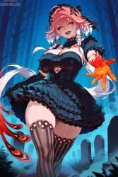1girl ai_generated arzagod big_breasts blush changli_(wuthering_waves) dark_makeup gothic_lolita hair_between_eyes hair_ornament large_breasts long_hair multicolored_hair orange_eyes pantyhose perfect_legs pink_hair ponytails stockings thick_thighs very_long_hair white_hair wuthering_waves yellow_eyes