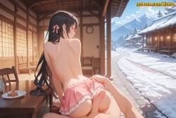 1boy 1girl ai_generated all_fours arched_back architecture arm_support ass back bare_back black_hair blush buttjob chair classroom_of_the_elite clock closed_mouth cloud day earrings east_asian_architecture erection food frilled_skirt frills from_behind hair_ribbon hetero horikita_suzune imminent_penetration indoors jewelry leaning_forward long_hair looking_back miniskirt mountain mountainous_horizon nivora nude onsen outdoors penis penis_on_ass pink_ribbon pink_skirt plate pov print_skirt profile red_eyes ribbon sex sex_from_behind shoulder_blades sitting sitting_on_person skirt skirt_lift sky smile snow solo_focus table topless tree uncensored very_long_hair winter wooden_chair wooden_floor wooden_table youkoso_jitsuryoku_shijou_shugi_no_kyoushitsu_e