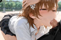 1girls ai_generated blowjob blush brown_eyes brown_hair cum cum_in_mouth deepthroat fellatio female female_focus hair_flower half-closed_eyes hand_on_head krowenx misaka_mikoto oral oral_sex outdoors penis penis_in_mouth sucking sucking_penis to_aru_kagaku_no_railgun to_aru_majutsu_no_index uncensored