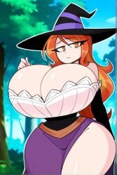 ai_generated big_ass dragon's_crown female forest forest_background huge_breasts long_hair red_hair sorceress_(dragon's_crown) thick_thighs