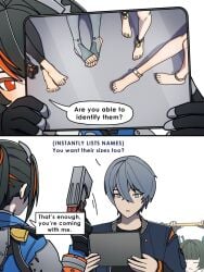 1boy 2girls 6+girls alice_thymefield arrest belle_(zenless_zone_zero) black_hair body_armor discarded_shoes dorahdew english english_dialogue english_text eyes_closed feet feet_focus foot foot_focus fully_clothed grace_howard green_hair grey_hair gun looking_at_device looking_at_tablet metal_armor painted_toenails police police_uniform policewoman ponytail qingyi_(zenless_zone_zero) red_eyes red_hair seed_(zenless_zone_zero) smile suspicious tablet turquoise_eyes weapon wise_(zenless_zone_zero) zenless_zone_zero zhu_yuan