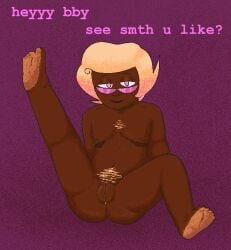 1girls blonde_hair body_hair dark_skin flat_chest homestuck pink_accents pink_background pink_eyes pink_glasses pussy roxy_lalonde top_surgery_scars
