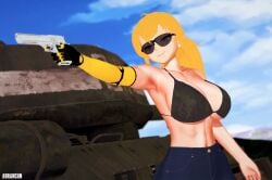 1girls 3d arrancon big_breasts blonde_female blonde_hair bra busty cleavage confident gun half-dressed half_naked half_naked_female large_breasts long_hair long_hair_female midriff navel ponytail pose posing purple_eyes robotic_arm rwby smile solo_female sunglasses toned yang_xiao_long
