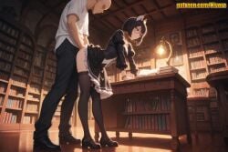 1boy 1girl ai_generated animal_ears bald bent_over black_dress black_footwear black_hair black_pants black_thighhighs book bookshelf breasts cat_ears closed_eyes clothed_sex clothes_lift collar desk dress dress_lift faceless faceless_male frills full_body glasses hetero high_heels implied_sex indoors lamp lee_bora library loafers long_sleeves maid maid_headdress nivora pants puffy_sleeves round_eyewear sex sex_from_behind shirt shoes short_hair skirt solo_leveling standing standing_sex table thighhighs white_shirt