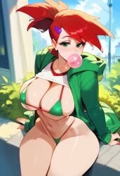 1girls 2d ai_generated bikini bubble_gum female female_focus female_only foster's_home_for_imaginary_friends frankie_foster jacket large_breasts long_sleeves navel outdoors red_hair solo solo_female solo_focus tagme
