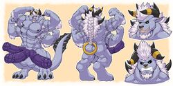 1boy 2020 2:1 abs accessory anthro arm_spikes balls behemoth_(disambiguation) black_claws claws digitigrade dragon erection facial_piercing fin flared_penis flexing genitals hair hair_accessory large_balls lerchief2007 long_hair male male_focus male_only model_sheet multi_arm multi_genitalia multi_limb multi_pec multi_penis muscular muscular_male nose_piercing nose_ring nude penis piercing raised_arm shoulder_spikes solo solo_focus spikes tail_fin triphallia white_hair