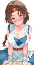 1girls big_breasts braid braided_hair braided_ponytail brown_hair cowgirl_position imminent_sex implied_sex king_of_fighters light-skinned_female light_skin pale-skinned_female pale_skin ponytail pov riding uni_tal yuri_sakazaki