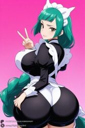 1female 1girl 1girls 2026 ai_generated apron artist_name ass bangs big_ass big_breasts blunt_bangs braid braided_ponytail breasts brown_eyes closed_mouth curvy green_hair hi_res high_quality high_resolution highres huge_ass huge_breasts large_breasts lebanne_(pokemon) long_hair long_sleeves looking_at_viewer looking_back maid maid_apron maid_headdress patreon patreon_logo patreon_username pink_background pokemon puffy_sleeves smile solo unjobdespiert v very_long_hair watermark web_address