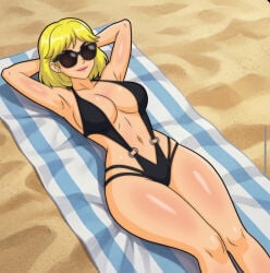 1girls absurd_res absurdres arms_behind_head ass beach big_breasts black_slingshot_swimsuit blonde_hair breasts cleavage ear_piercing earrings eyewear female female_only hair high_resolution highres lips mature mature_female mature_woman milf mother on_back revealing_clothes rita_loud skimpy skimpy_bikini slingshot_swimsuit solo solo_female sunglasses swimwear the_loud_house thighs valker