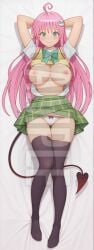 1girls ai_generated arms_up blush breasts dakimakura full_body green_eyes happy hi_res high_resolution highres lala_satalin_deviluke lying lying_on_back nipples panties patreon pink_hair school_uniform sleeplessnighty smile tagme thighhighs to_love-ru watermark