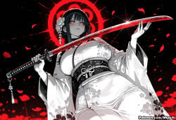1girl ai_assisted ai_generated bangs black_hair blush breasts chainsaw_man cherry_blossoms curvaceous curvy curvy_female curvy_figure falling_petals female flower hair_flower hair_ornament holding holding_sword holding_weapon japanese_clothes katana kimono large_breasts long_hair long_sleeves looking_at_viewer makima_(chainsaw_man) miyuai monochrome obi petals sash solo sword thick thick_ass thick_butt thick_hips thick_legs thick_thighs voluptuous voluptuous_female watermark weapon web_address wide_hips wide_sleeves wide_thighs