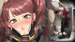 1boy 1boy1girl 1girl 1girls akizora black_leggings black_legwear black_shirt black_skirt black_stockings blowjob blowjob_face blush blushing blushing_female brown_eyes brown_hair brown_shoes earrings fat_male fellatio fellatio_face female female_focus grabbing_hair hairy_legs hairy_male hands_on_knees holding_hair holding_twintail kneeling kujikawa_rise lipstick lipstick_mark lipstick_on_penis lipstick_ring looking_at_viewer male male/female male_pov persona_4 pov pubic_hair pubic_hair_on_face sandals school_uniform skirt sloppy sloppy_blowjob tongue tongue_out tongue_out_blowjob twintails urinal yasogami_school_uniform yellow_ascot