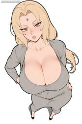 1girls 2d 2d_(artwork) ai_generated big_breasts blonde_hair blush breasts brown_eyes cleavage curvy curvy_female curvy_figure dress female female_only grey_dress heels high_heels huge_breasts light-skinned_female light_skin looking_at_viewer looking_pleasured naruto naruto_(classic) naruto_(series) naruto_shippuden seductive seductive_look seductive_pose sfw solo solo_female tsunade waifuinvoker