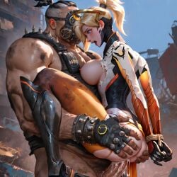 1boy 1girls ai_assisted ai_generated arms_behind_back ass blonde_hair blue_eyes bondage bound bound_wrists breasts_out cum_in_pussy cum_overflow defeated from_side gas_mask hi_res junkyard large_breasts large_penetration larger_male lifting_partner mechanical_halo mercy nipples overwatch pussy rape restrained roadhog self_upload stable_diffusion tacocatbox tears torn_clothes