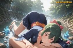 1boy 1girl ai_generated all_fours ass blue_kimono blush bow breasts bridge closed_mouth clothed_female_nude_male crusch_karsten crystal day erection fellatio forest green_hair hair_between_eyes hair_bow hetero japanese_clothes kimono lake long_hair medium_breasts nature nivora nude obi oral orange_eyes outdoors patreon penis ponytail pov re:zero_kara_hajimeru_isekai_seikatsu red_bow red_eyes river rock sandals sash socks solo_focus tabi top-down_bottom-up tree uncensored water waterfall white_socks wide_sleeves yukata zouri
