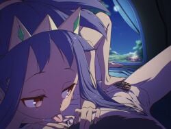 1boy 1girl bar_censor barefoot bed big_hair black_hair breasts censored commentary_request crown dark-skinned_female dark_skin erection feet footjob funen_gomi_m gem green_gem half-closed_eyes hetero highres indoors iris_(pokemon) licking licking_ear long_hair nipples on_bed penis pokemon pokemon_black_2_and_white_2 purple_hair red_eyes saliva short_hair small_breasts thighs toes tongue tongue_out