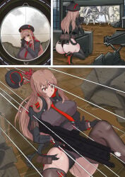 1girls artist_request ass beret blood breasts brown_hair choker collared_leotard comic corpse death empty_eyes goddess_of_victory:_nikke gore gun guro hat headshot huge_breasts leotard long_hair necrophilia rapi_(nikke) red_eyes scope sniper snuff thighhighs thighs twitching weapon