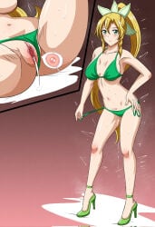1girls bikini blonde_hair breasts cum_in_pussy edit female fertilization fuzzlogik green_bikini heels impregnation leafa light-skinned_female light_skin ovum_with_heart pointy_ears pussy sperm_meets_ovum sword_art_online twin_fertilization