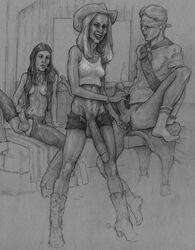 1boy 2futas blindfolded bobby_luv cowgirl futa_is_bigger futa_on_male futadom futanari handjob huge_cock legs_spread pencil_(artwork) spurs