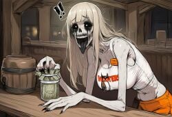 1girls ai_generated banshee black_sclera black_tongue blonde_hair breasts clothed clothes clothing crying emaciated female ghost ghost_girl grey_skin hooters hooters_uniform horror horror_(theme) large_breasts long_hair long_tongue monster_girl ophelia_(paigen) original original_character paigen platinum_blonde_hair pouch ribs ripped_skin ruined_makeup running_mascara saliva shirt shorts skinny tall_female tears torn_skin undead white_eyes zombie zombie_girl