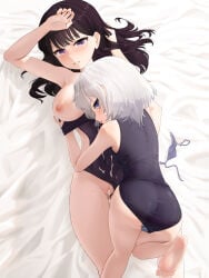 2girls absurdres bang_dream! bang_dream!_it's_mygo!!!!! bed black_hair breasts commentary_request cum cum_in_pussy dildo dildo_under_clothes dildo_under_swimsuit highres kaname_raana large_breasts looking_at_viewer lying mole mole_under_eye multiple_girls mygo!!!!!_(bang_dream!) on_back one-piece_swimsuit purple_eyes sex_toy shiina_taki swimsuit three_(user_derr2252) white_hair