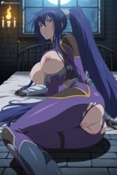 1girl ai_generated akiyama_rinko anus arm_support ass bed blue_hair bodysuit breasts breasts_out candle digitalwaifugallery full_moon hair_between_eyes hi_res high_quality high_resolution indoors large_breasts long_hair looking_at_viewer lying moon night nipples on_bed on_side patreon ponytail purple_bodysuit purple_eyes pussy seductive sexy solo taimanin_(series) torn_bodysuit torn_clothes uncensored very_long_hair watermark window